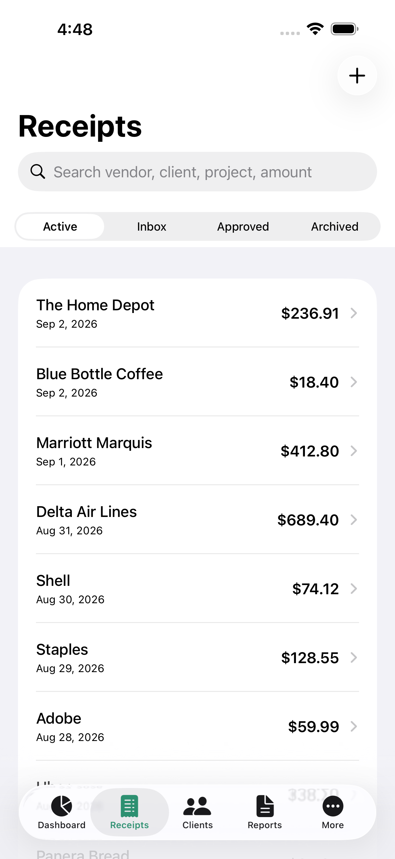 ExpenseOnTheGo receipts list with vendor, date, and amount